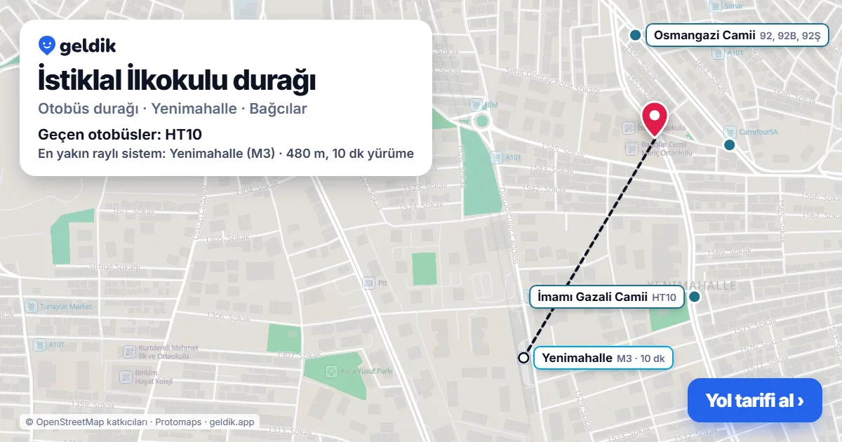 İstiklal İlkokulu otobüs durağı haritada: konumu ve yakındaki duraklar
