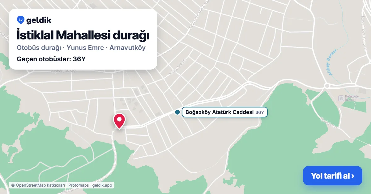 İstiklal Mahallesi otobüs durağı haritada: konumu ve yakındaki duraklar