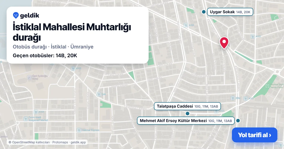 İstiklal Mahallesi Muhtarlığı otobüs durağı haritada: konumu ve yakındaki duraklar