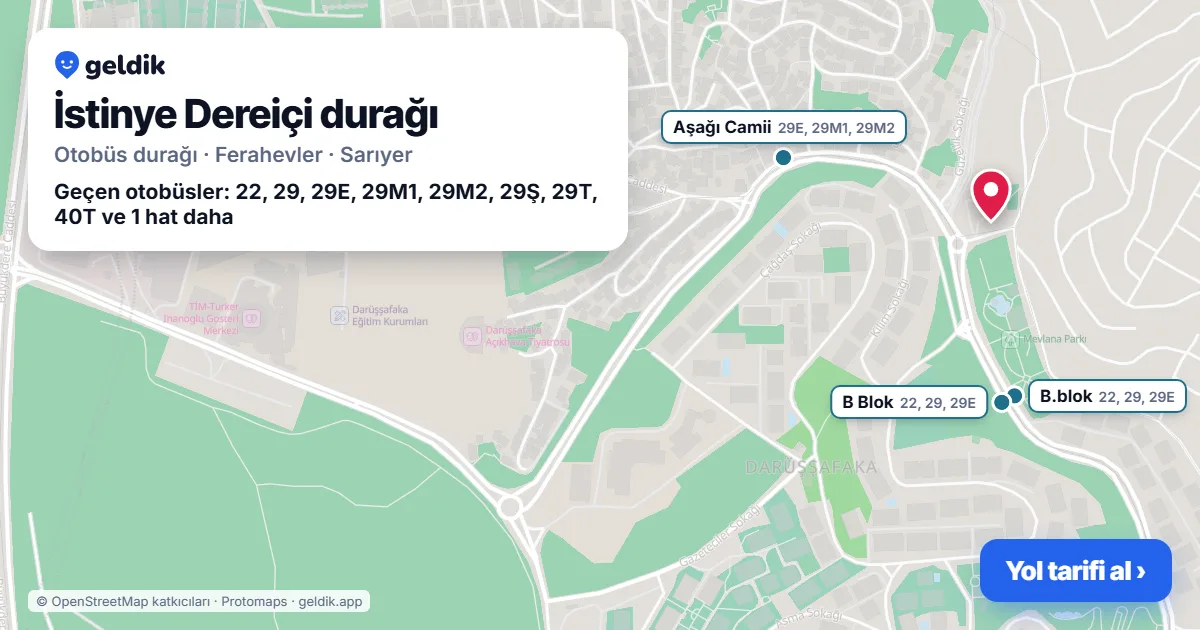 İstinye Dereiçi otobüs durağı haritada: konumu ve yakındaki duraklar