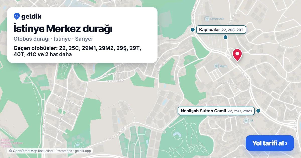 İstinye Merkez otobüs durağı haritada: konumu ve yakındaki duraklar