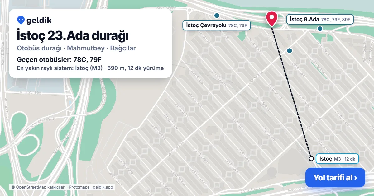 İstoç 23.Ada otobüs durağı haritada: konumu ve yakındaki duraklar