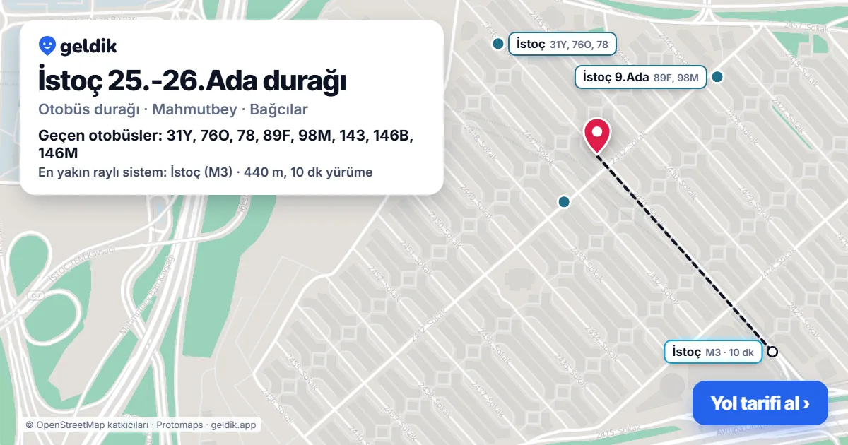 İstoç 25.-26.Ada otobüs durağı haritada: konumu ve yakındaki duraklar