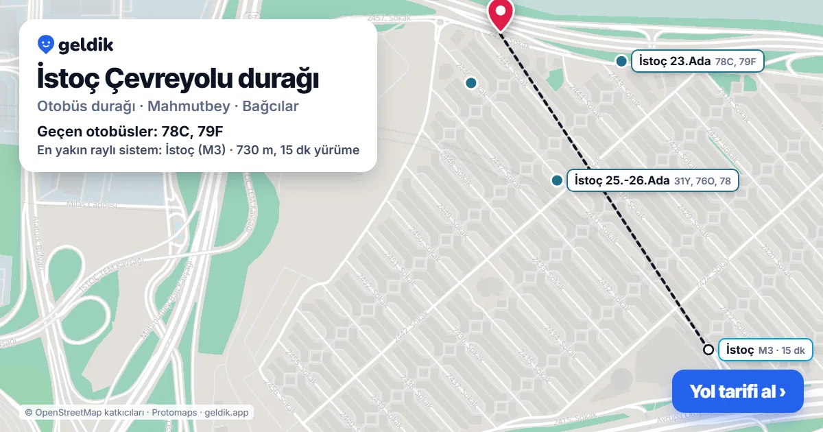 İstoç Çevreyolu otobüs durağı haritada: konumu ve yakındaki duraklar