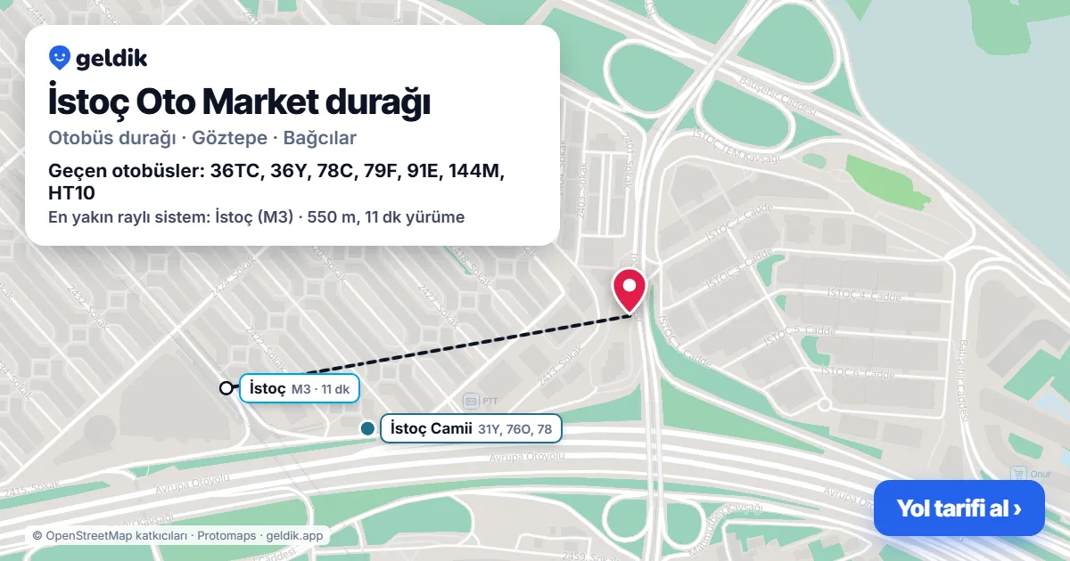 İstoç Oto Market otobüs durağı haritada: konumu ve yakındaki duraklar