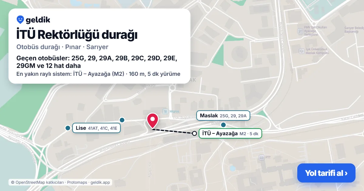 İTÜ Rektörlüğü otobüs durağı haritada: konumu ve yakındaki duraklar