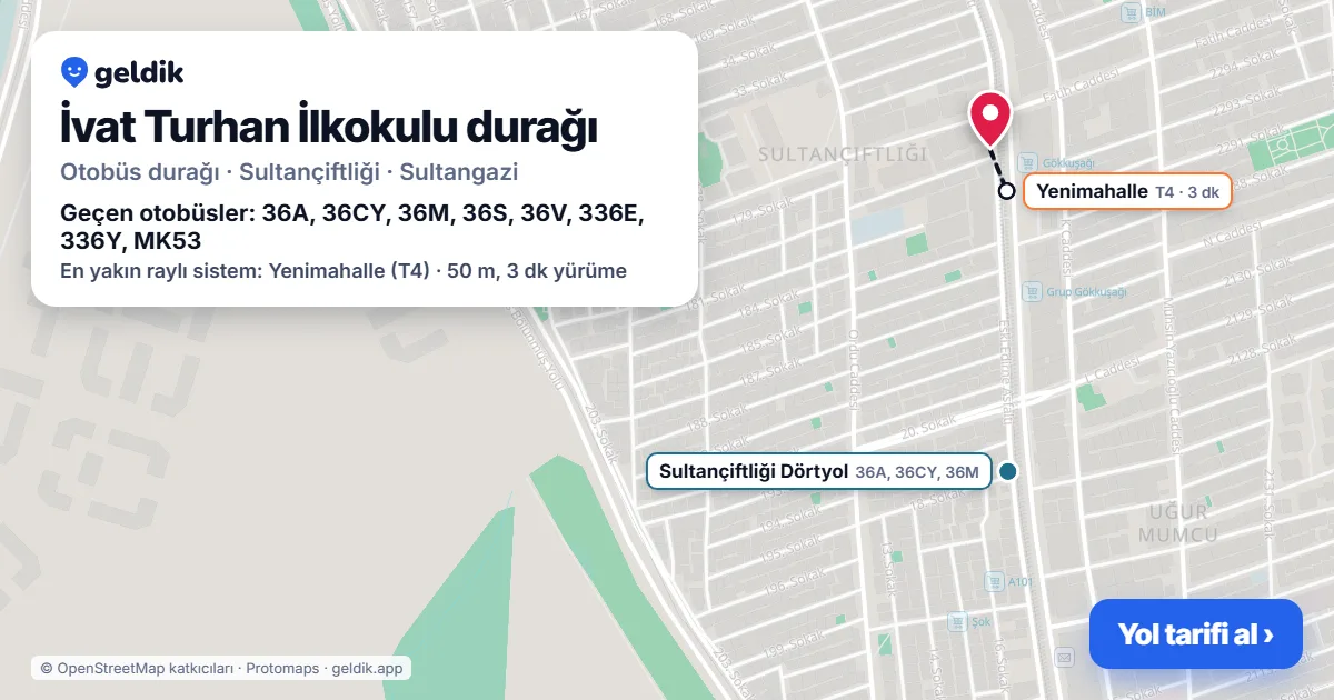 İvat Turhan İlkokulu otobüs durağı haritada: konumu ve yakındaki duraklar