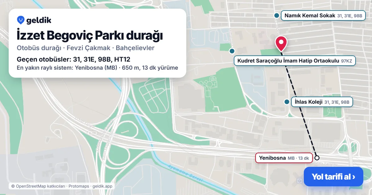 İzzet Begoviç Parkı otobüs durağı haritada: konumu ve yakındaki duraklar