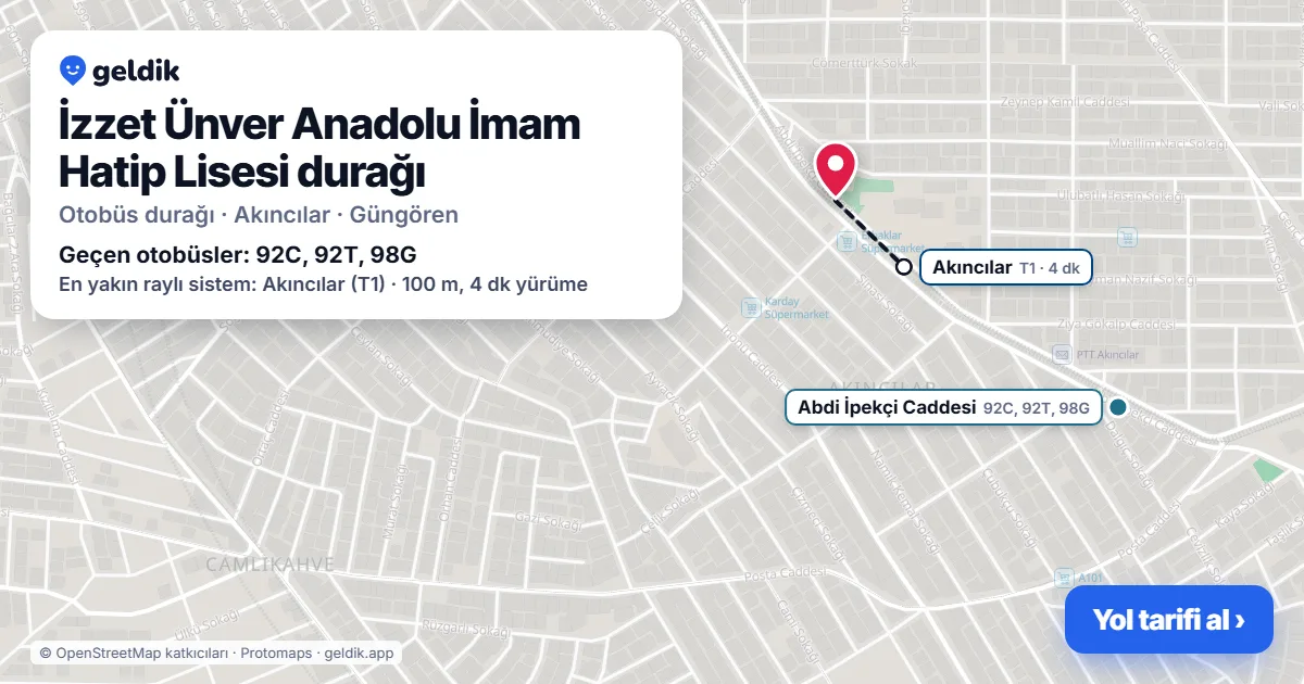 İzzet Ünver Anadolu İmam Hatip Lisesi otobüs durağı haritada: konumu ve yakındaki duraklar