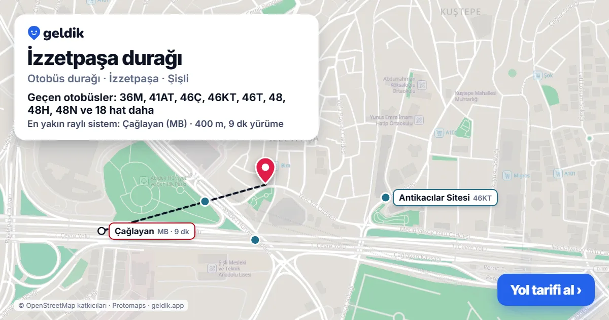 İzzetpaşa otobüs durağı haritada: konumu ve yakındaki duraklar