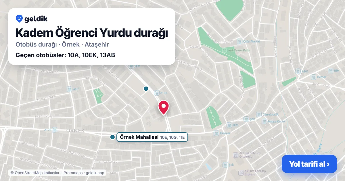 Kadem Öğrenci Yurdu otobüs durağı haritada: konumu ve yakındaki duraklar