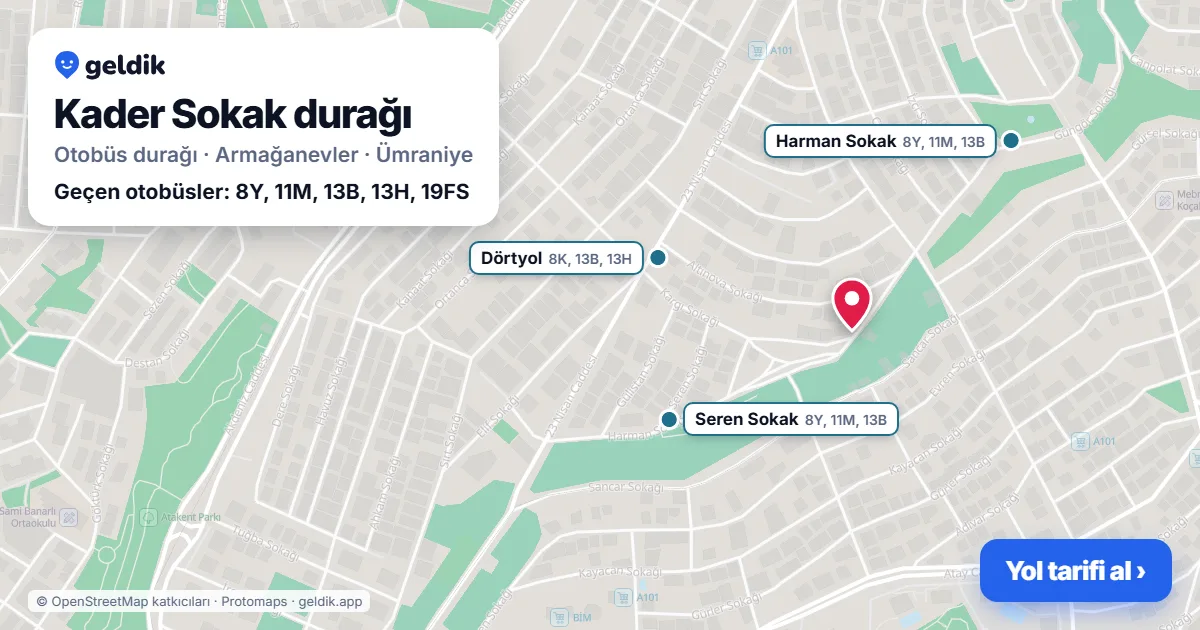 Kader Sokak otobüs durağı haritada: konumu ve yakındaki duraklar