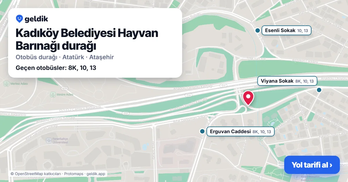 Kadıköy Belediyesi Hayvan Barınağı otobüs durağı haritada: konumu ve yakındaki duraklar