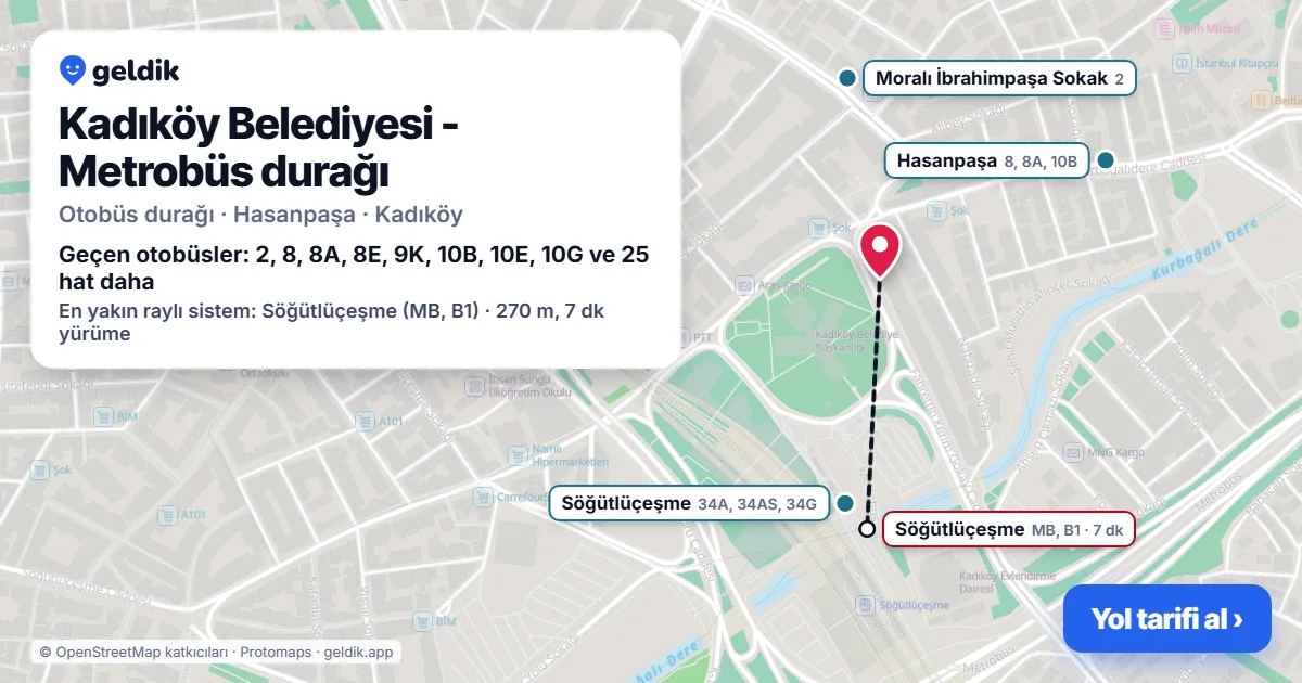 Kadıköy Belediyesi - Metrobüs otobüs durağı haritada: konumu ve yakındaki duraklar