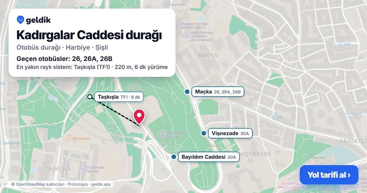 Kadırgalar Caddesi otobüs durağı haritada: konumu ve yakındaki duraklar