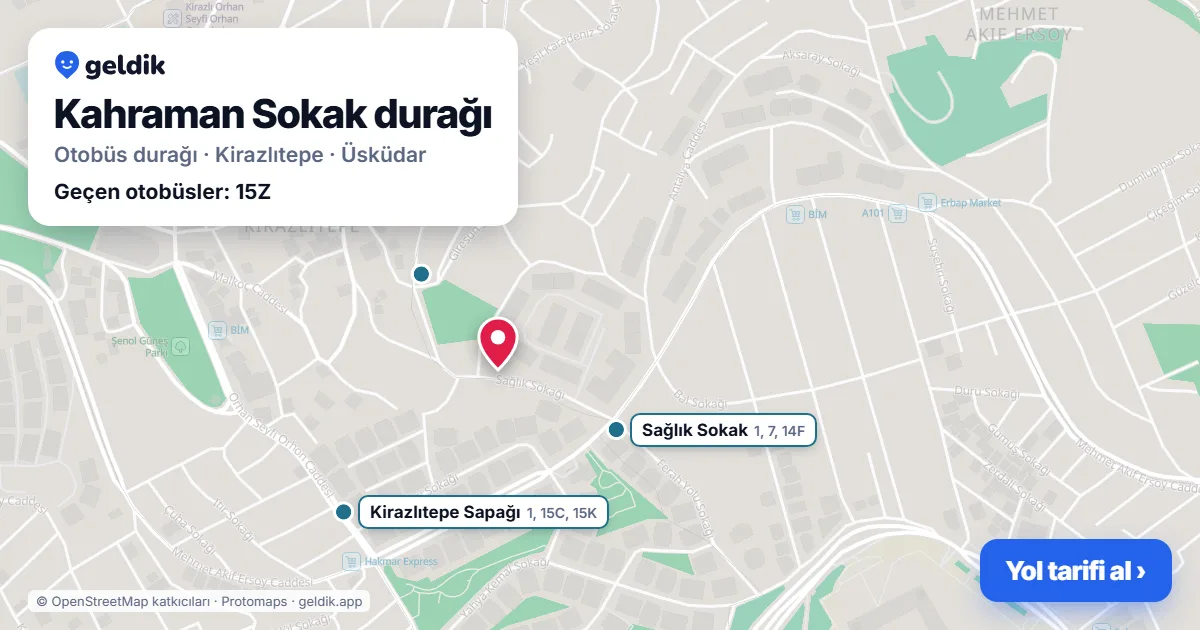 Kahraman Sokak otobüs durağı haritada: konumu ve yakındaki duraklar