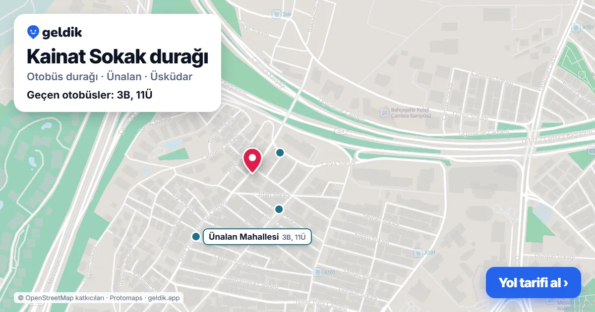 Kainat Sokak otobüs durağı haritada: konumu ve yakındaki duraklar