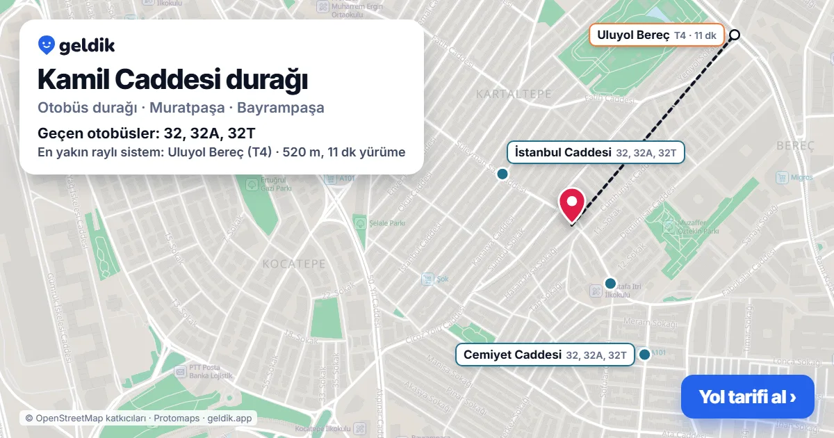Kamil Caddesi otobüs durağı haritada: konumu ve yakındaki duraklar