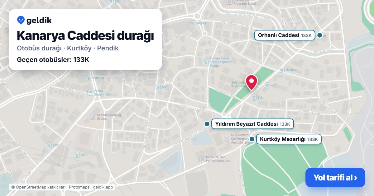 Kanarya Caddesi otobüs durağı haritada: konumu ve yakındaki duraklar