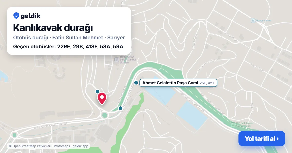 Kanlıkavak otobüs durağı haritada: konumu ve yakındaki duraklar