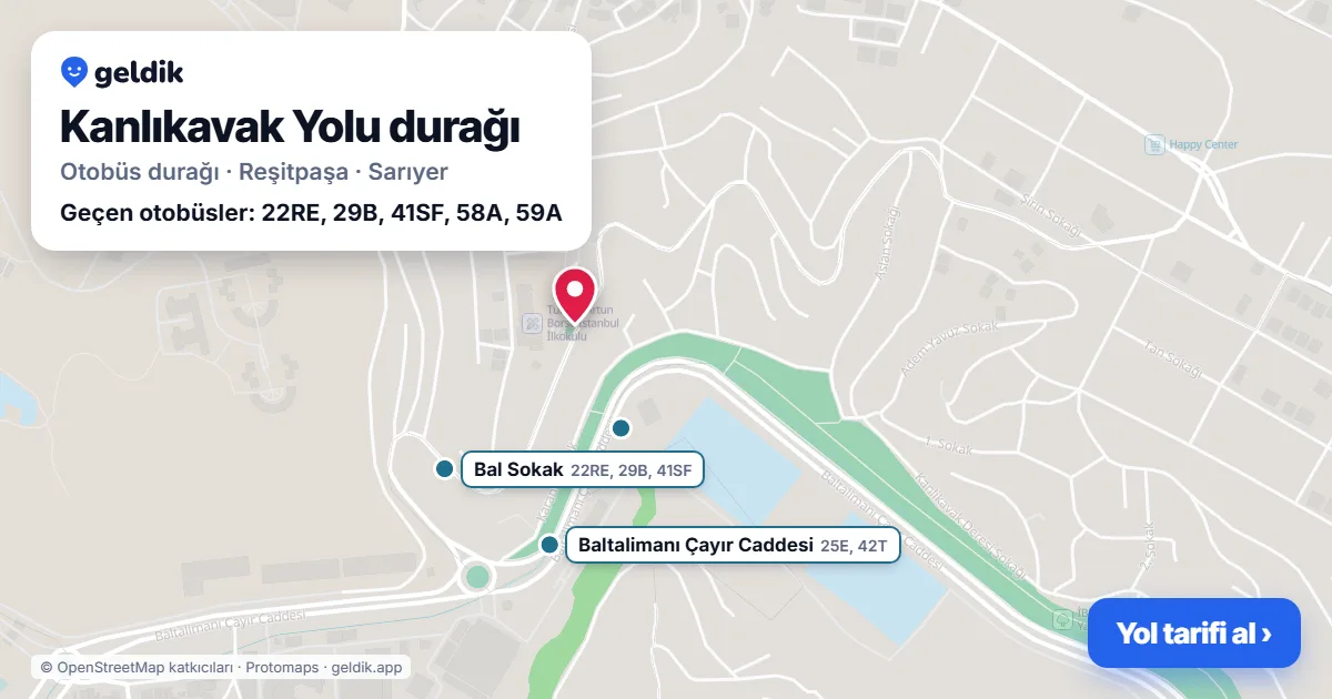 Kanlıkavak Yolu otobüs durağı haritada: konumu ve yakındaki duraklar