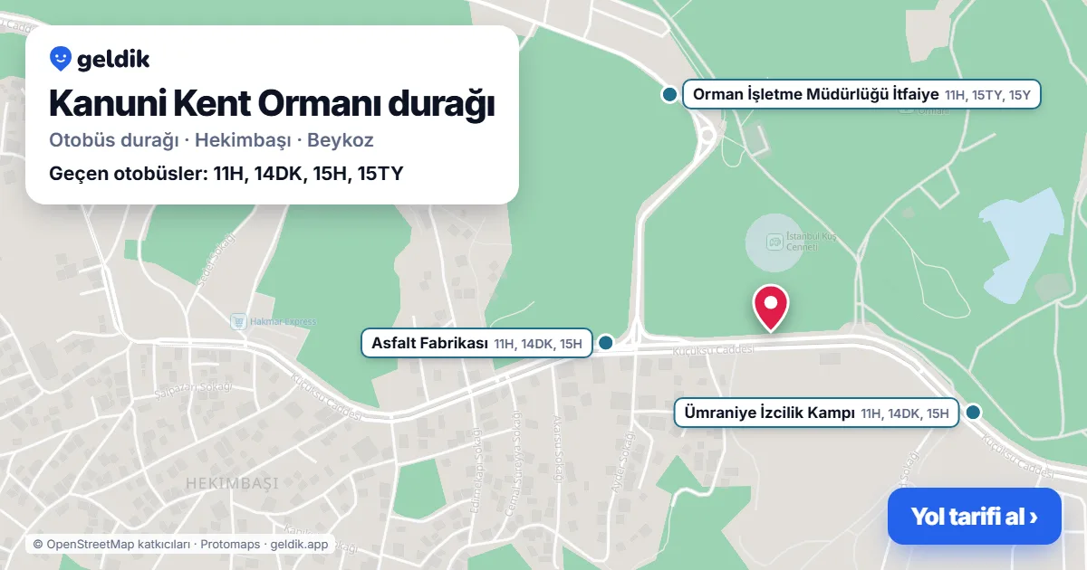 Kanuni Kent Ormanı otobüs durağı haritada: konumu ve yakındaki duraklar
