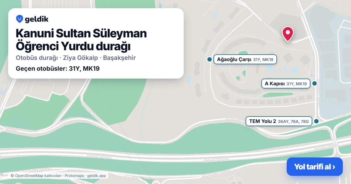 Kanuni Sultan Süleyman Öğrenci Yurdu otobüs durağı haritada: konumu ve yakındaki duraklar