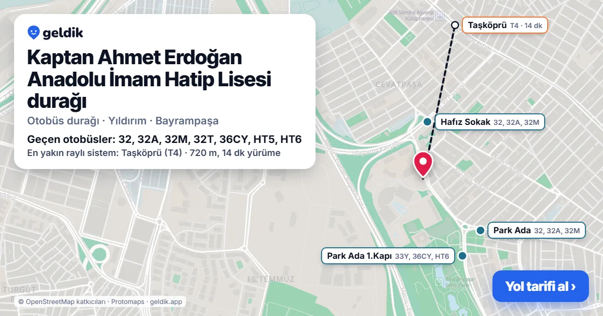 Kaptan Ahmet Erdoğan Anadolu İmam Hatip Lisesi otobüs durağı haritada: konumu ve yakındaki duraklar