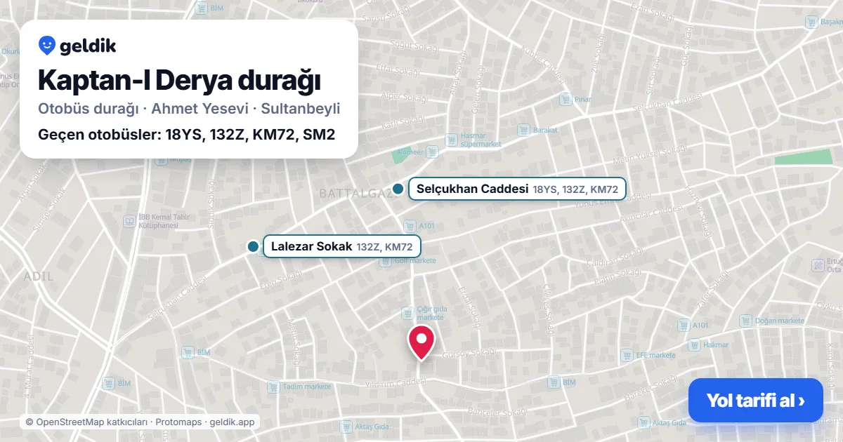 Kaptan-I Derya otobüs durağı haritada: konumu ve yakındaki duraklar