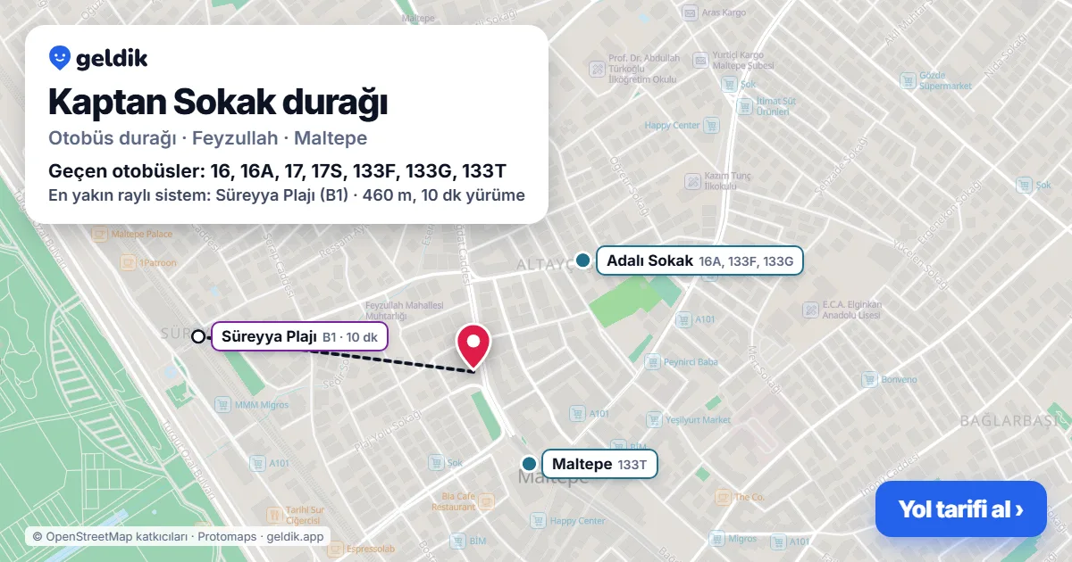 Kaptan Sokak otobüs durağı haritada: konumu ve yakındaki duraklar
