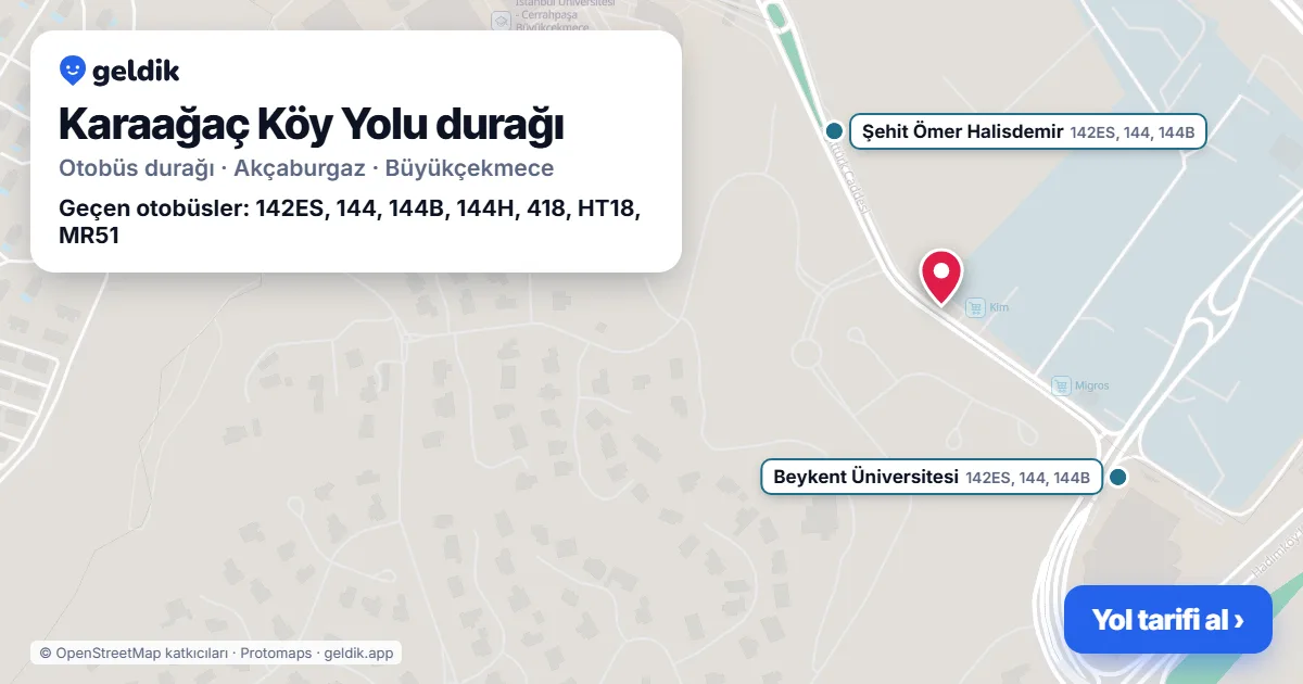 Karaağaç Köy Yolu otobüs durağı haritada: konumu ve yakındaki duraklar