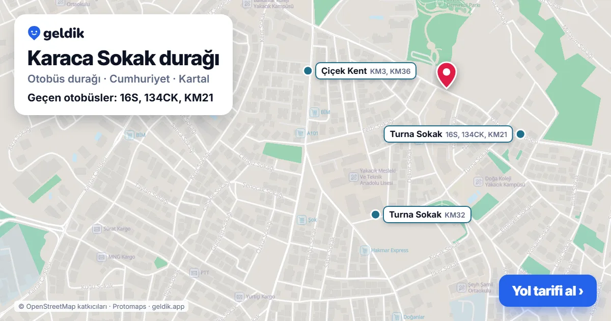 Karaca Sokak otobüs durağı haritada: konumu ve yakındaki duraklar