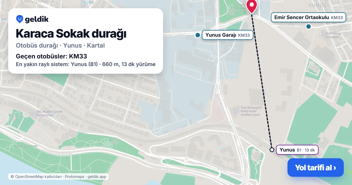 Karaca Sokak otobüs durağı haritada: konumu ve yakındaki duraklar
