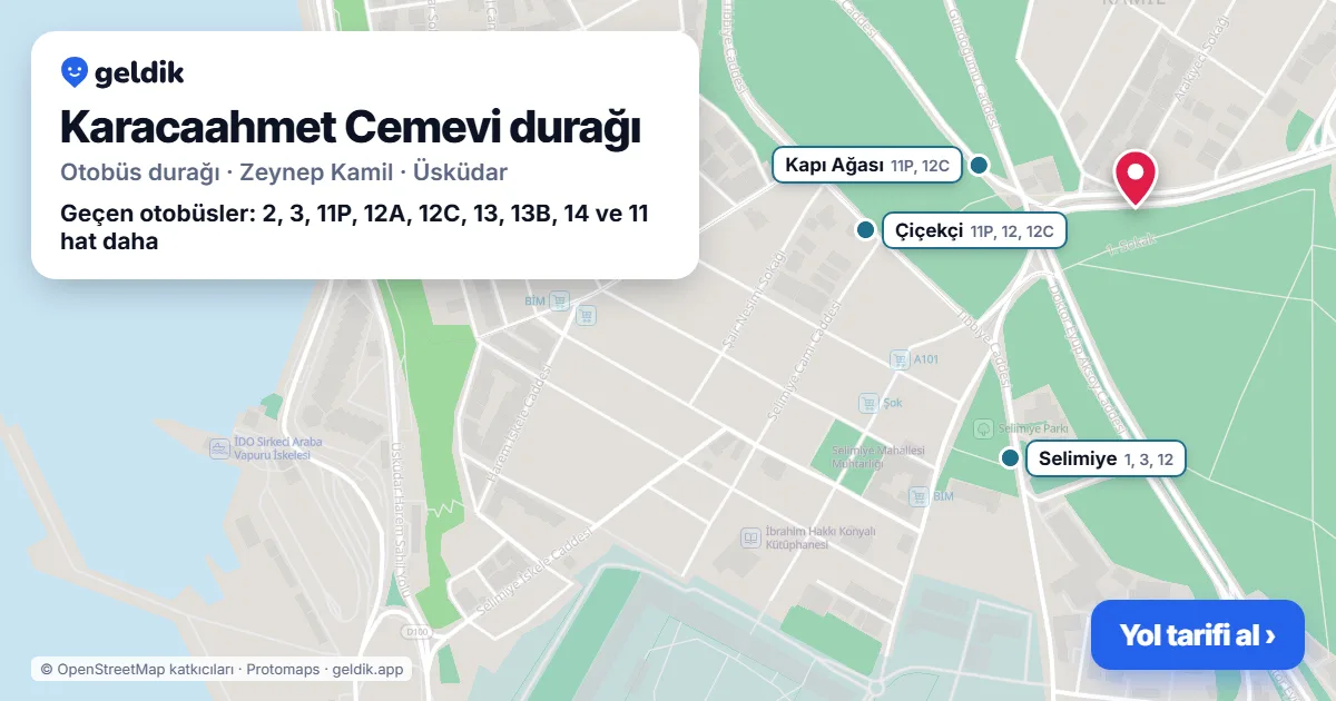 Karacaahmet Cemevi otobüs durağı haritada: konumu ve yakındaki duraklar
