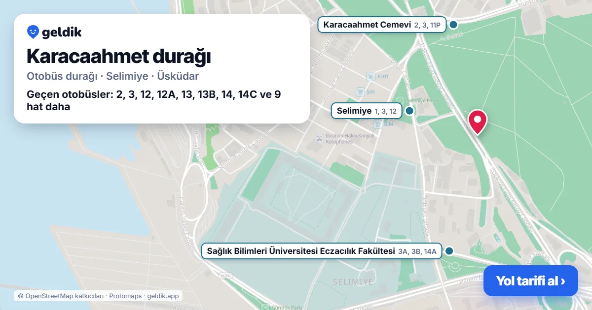 Karacaahmet otobüs durağı haritada: konumu ve yakındaki duraklar