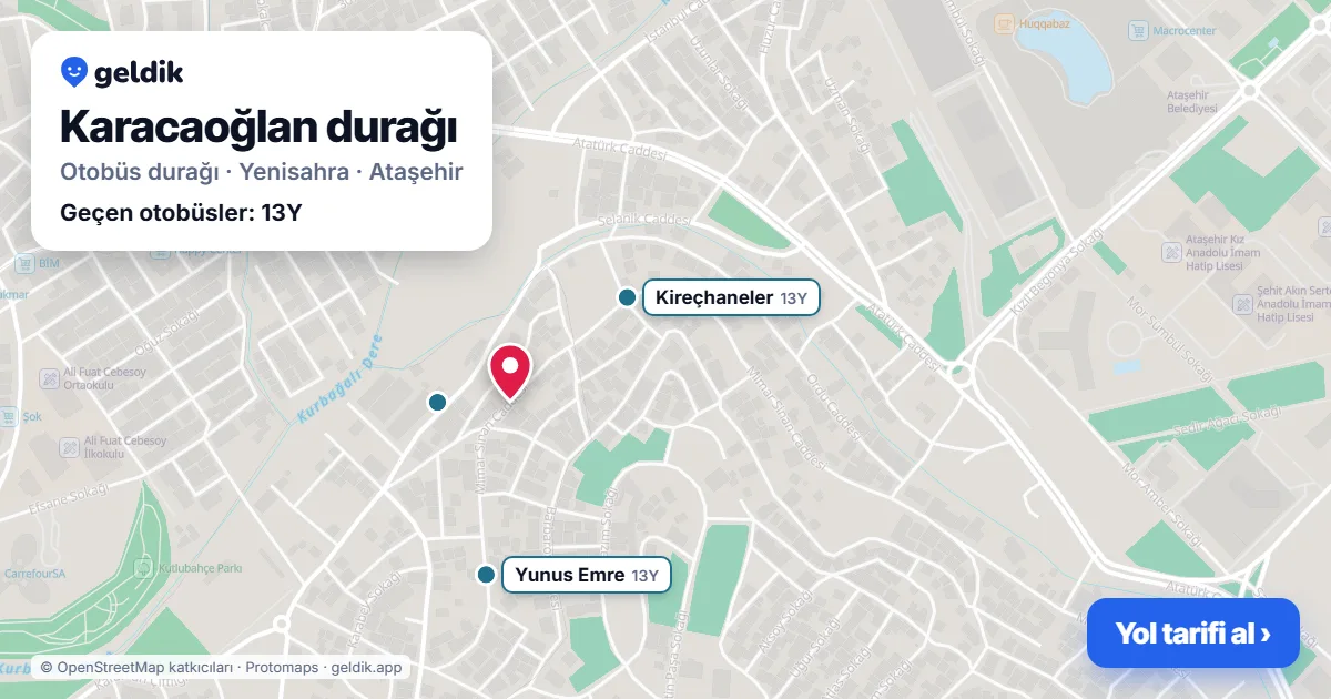 Karacaoğlan otobüs durağı haritada: konumu ve yakındaki duraklar