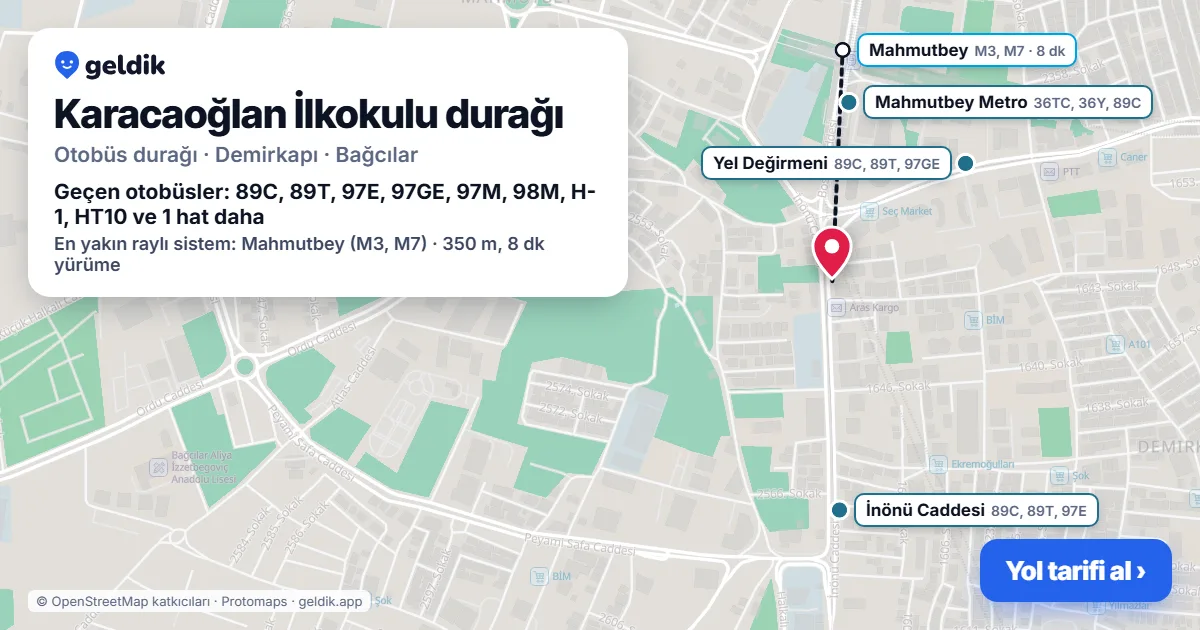 Karacaoğlan İlkokulu otobüs durağı haritada: konumu ve yakındaki duraklar