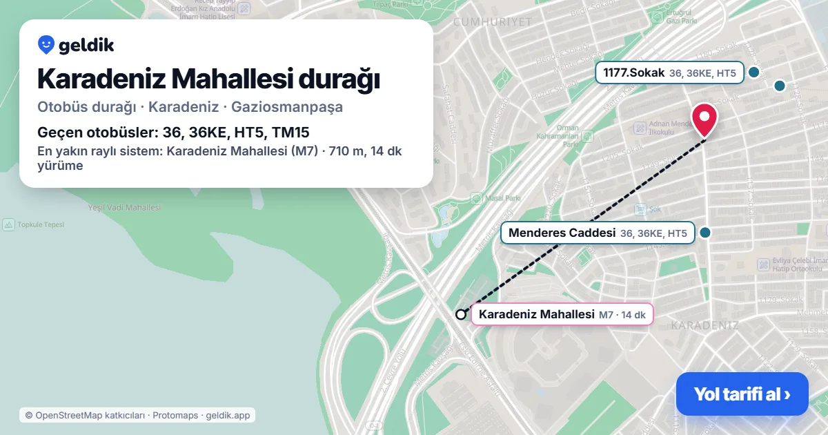 Karadeniz Mahallesi otobüs durağı haritada: konumu ve yakındaki duraklar