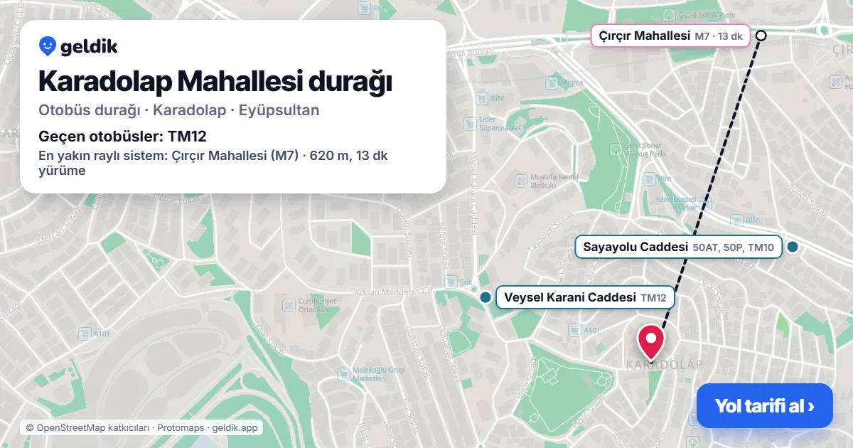 Karadolap Mahallesi otobüs durağı haritada: konumu ve yakındaki duraklar