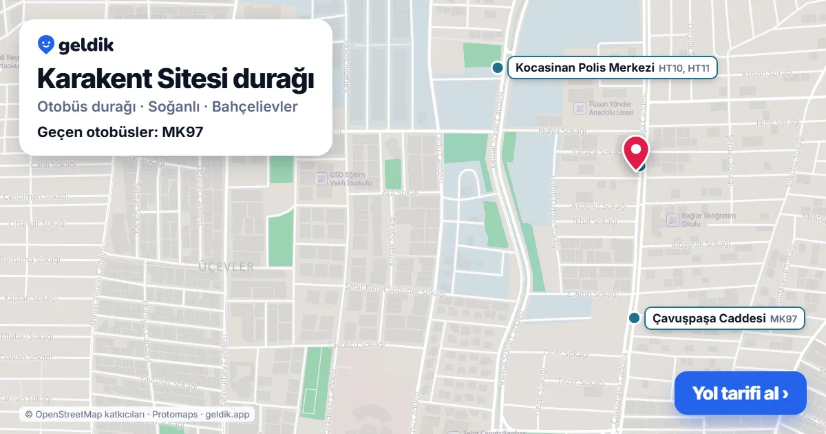 Karakent Sitesi otobüs durağı haritada: konumu ve yakındaki duraklar