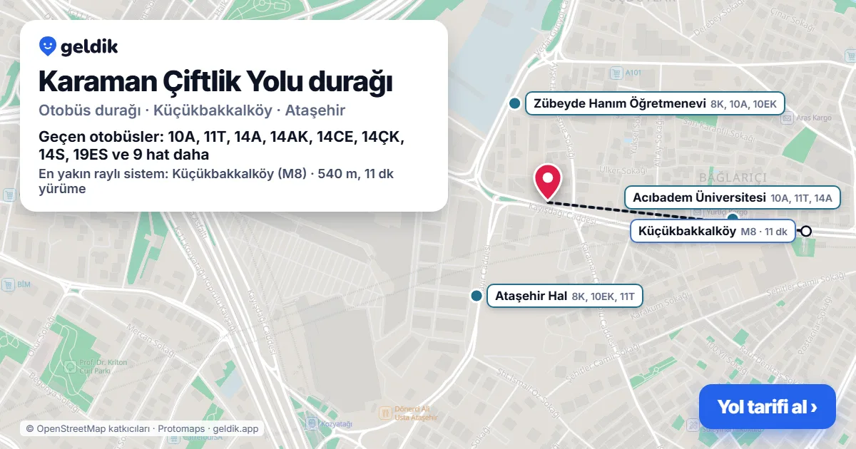 Karaman Çiftlik Yolu otobüs durağı haritada: konumu ve yakındaki duraklar