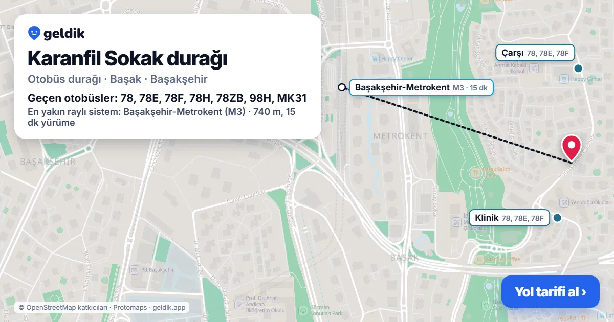 Karanfil Sokak otobüs durağı haritada: konumu ve yakındaki duraklar