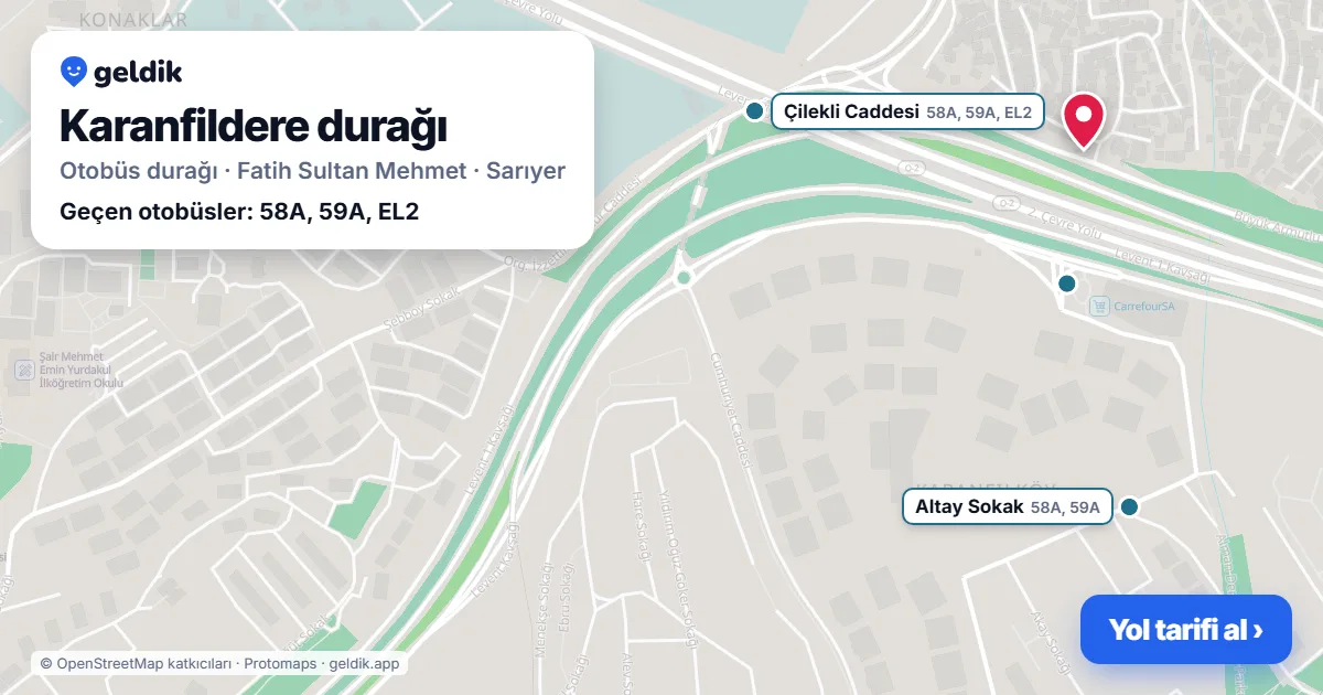 Karanfildere otobüs durağı haritada: konumu ve yakındaki duraklar