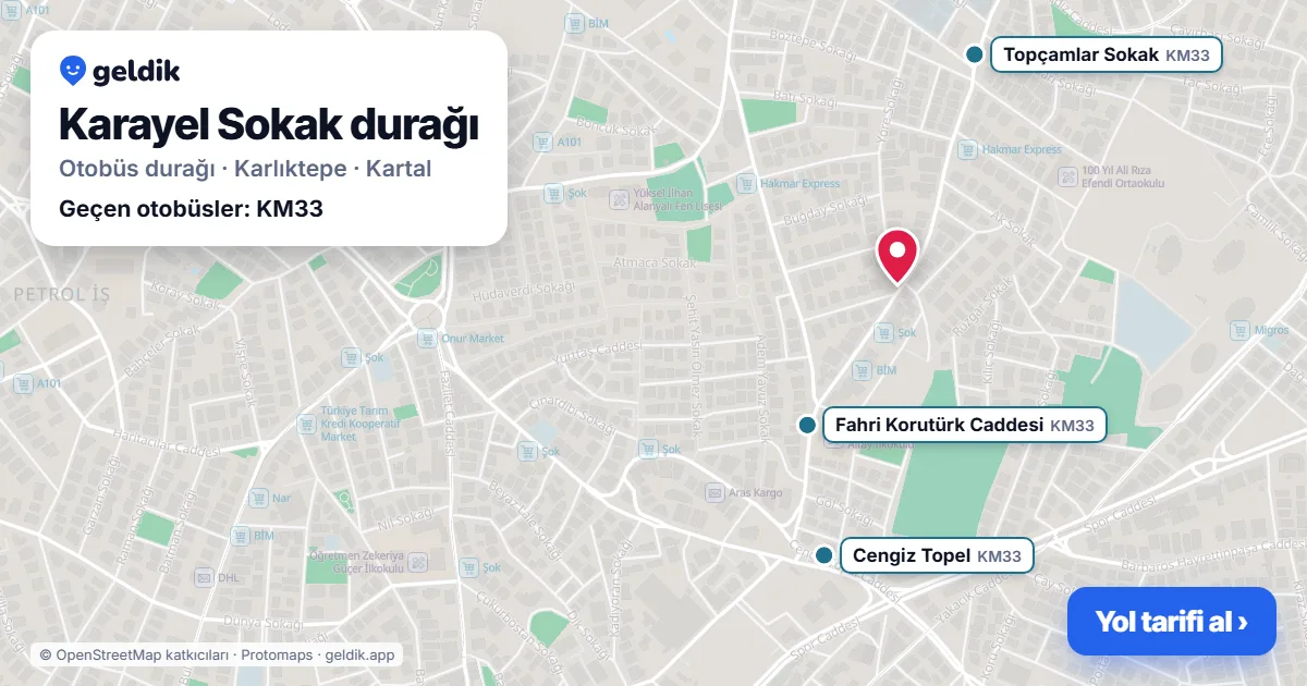 Karayel Sokak otobüs durağı haritada: konumu ve yakındaki duraklar
