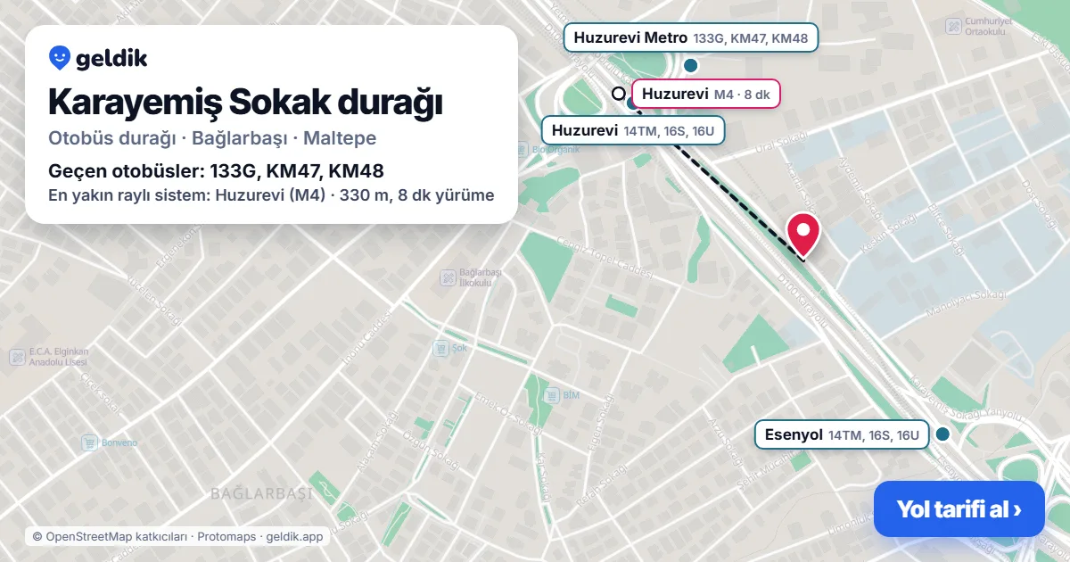 Karayemiş Sokak otobüs durağı haritada: konumu ve yakındaki duraklar