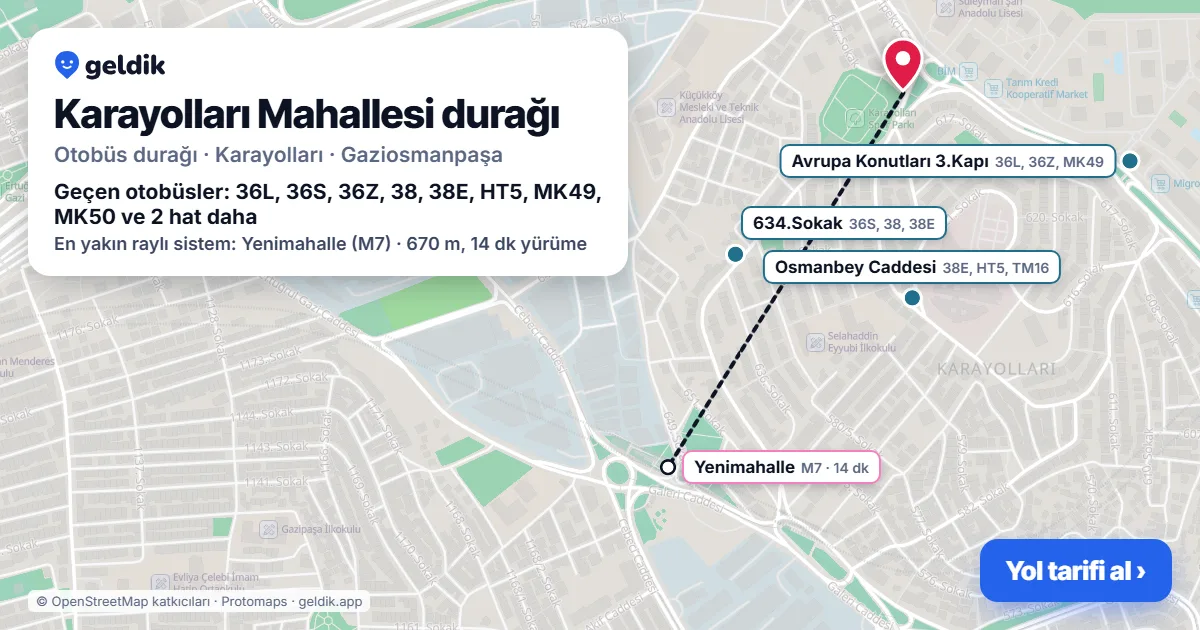 Karayolları Mahallesi otobüs durağı haritada: konumu ve yakındaki duraklar