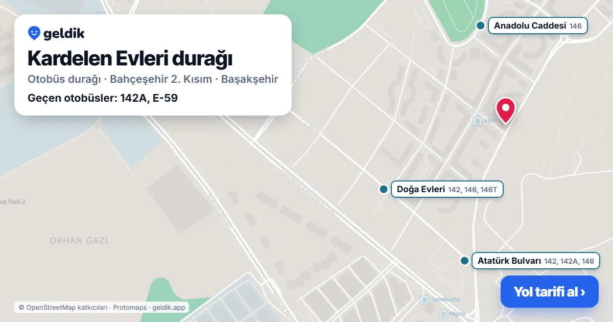 Kardelen Evleri otobüs durağı haritada: konumu ve yakındaki duraklar