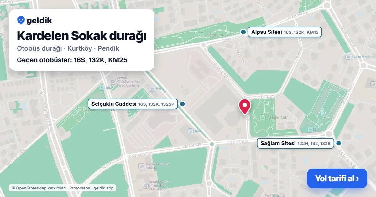 Kardelen Sokak otobüs durağı haritada: konumu ve yakındaki duraklar