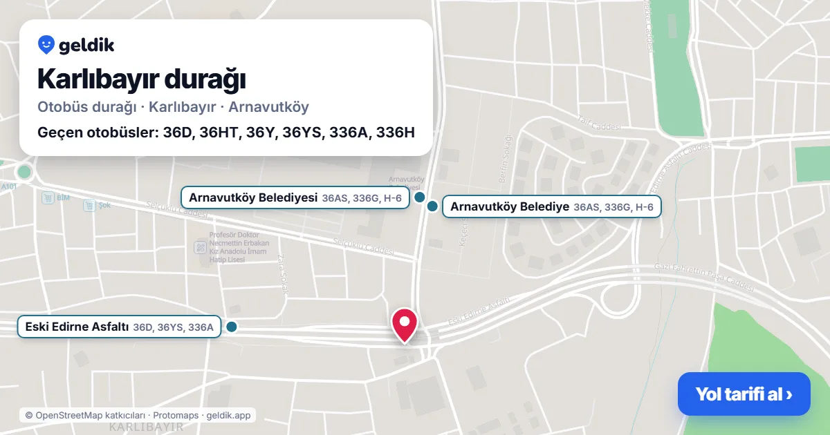 Karlıbayır otobüs durağı haritada: konumu ve yakındaki duraklar