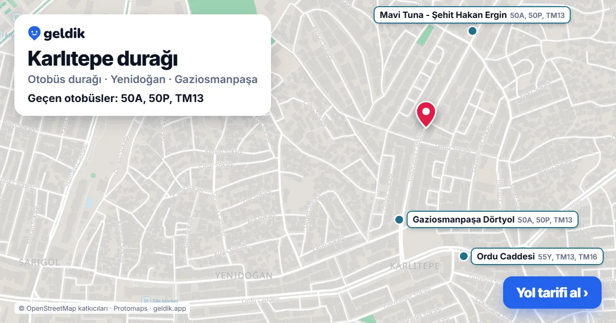 Karlıtepe otobüs durağı haritada: konumu ve yakındaki duraklar